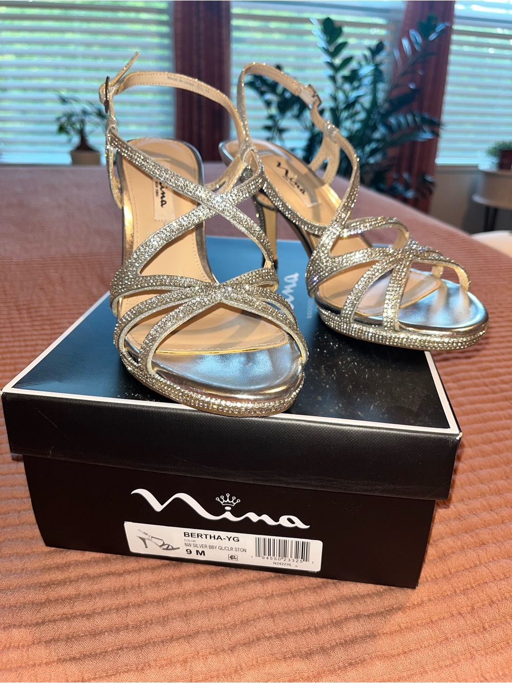 Nina Silver Rhinestone Strappy Heels (mid heel with platform, quite comfortable)